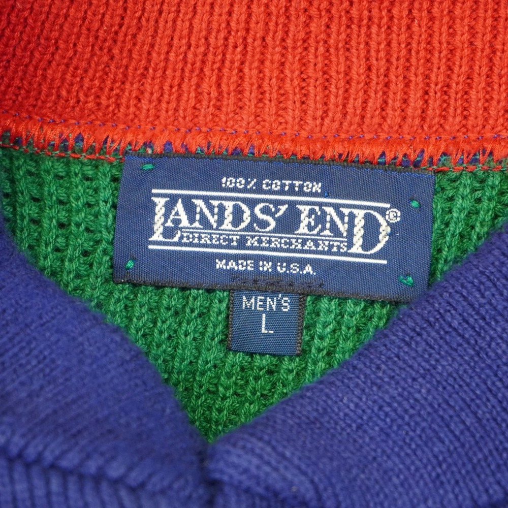 Vintage 90s Lands End Sweater Mens L Green Colorblock Ribbed Cotton Henley USA - Picture 2 of 7
